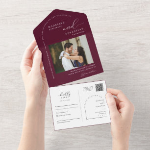 Elegantes Burgundy Modernes Minimal-Arch QR Code F All In One Einladung
