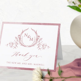 Elegantes Burgundy Monogramm, Wasserfarbensehen Dankeskarte