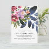 Elegantes Burgundy Navy Blue Botanical Brautparty Einladung (Stehend Vorderseite)