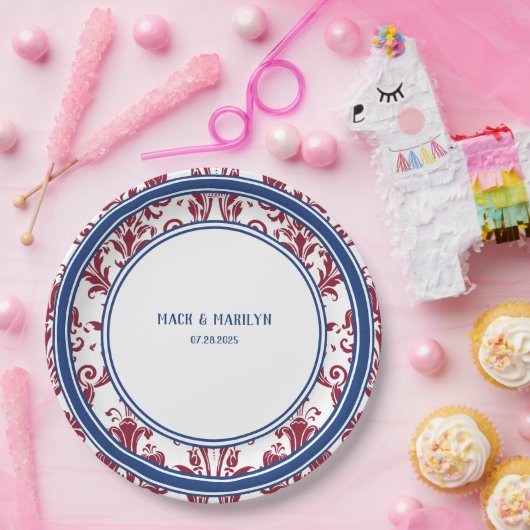 Elegantes Burgundy Navy Floral Damask Hochzeitsess Pappteller (Party)