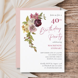 Elegantes Burgundy Pink Floral 40. Geburtstag Part Einladung