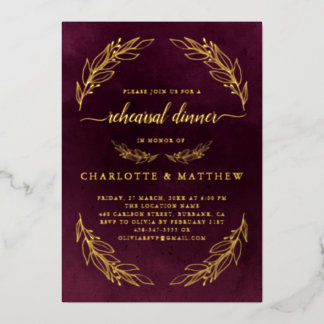 Elegantes Burgundy Probe Dinner Gold Folieneinladung