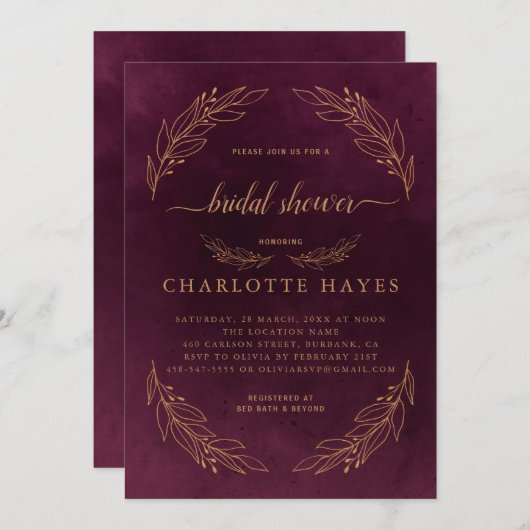 Elegantes Burgundy Red and Gold Brautparty Einladung (Vorne/Hinten)