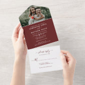 Elegantes Burgundy Red Calligraphy Foto Wedding All In One Einladung (Abreißen)
