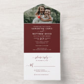 Elegantes Burgundy Red Calligraphy Foto Wedding All In One Einladung (Innen Boden)