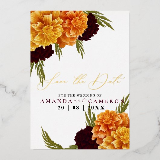 Elegantes Burgundy Red Watercolor "MARIGOLD" Foto Folieneinladung (Vorderseite)