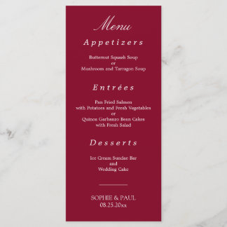 Elegantes Burgundy Red Wedding Menu Menükarte