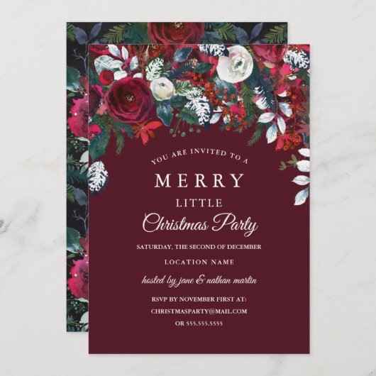 Elegantes Burgundy Red White Floral Weihnachten Pa Einladung (Vorne/Hinten)