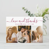 Elegantes Burgundy Script 3 Foto Collage Wedding Dankeskarte (Stehend Vorderseite)