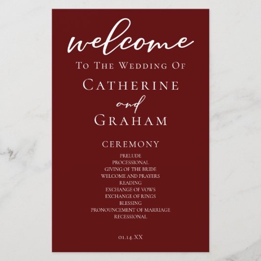 Elegantes Burgundy Script Abend Wedding Program (Vorderseite)