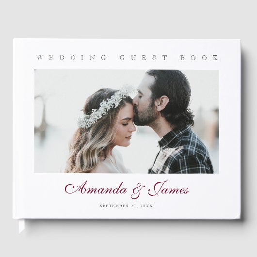Elegantes Burgundy Script Custom Foto Wedding Gästebuch (Vorderseite)
