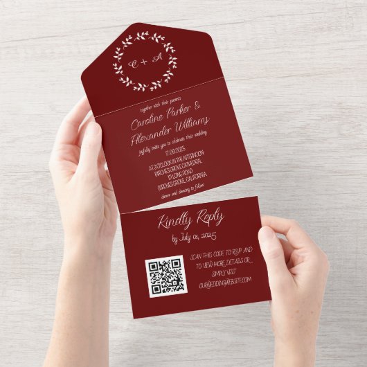Elegantes Burgundy Script Moderner UAWG QR Code All In One Einladung (Abreißen)