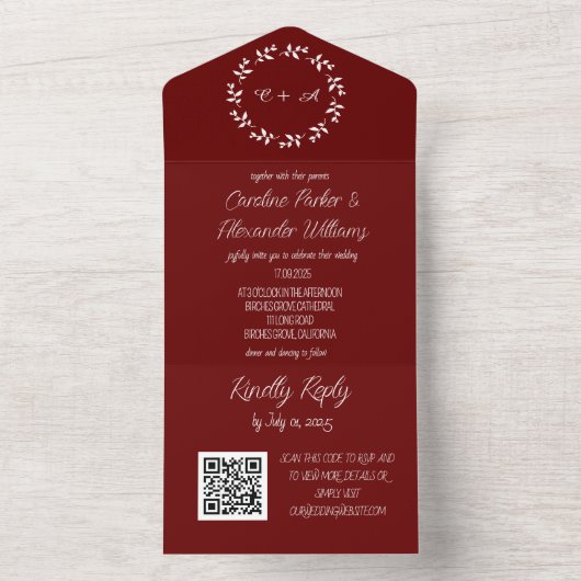 Elegantes Burgundy Script Moderner UAWG QR Code All In One Einladung (Innen Boden)