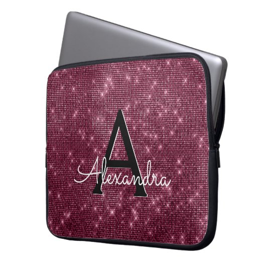 Elegantes Burgundy Shimmer und Sparkle Monogram Laptopschutzhülle (Vorderseite Links)