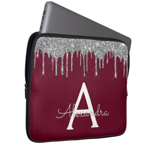 Elegantes Burgundy Silver Glitzer Sparkle Monogram Laptopschutzhülle (Vorne Rechts)