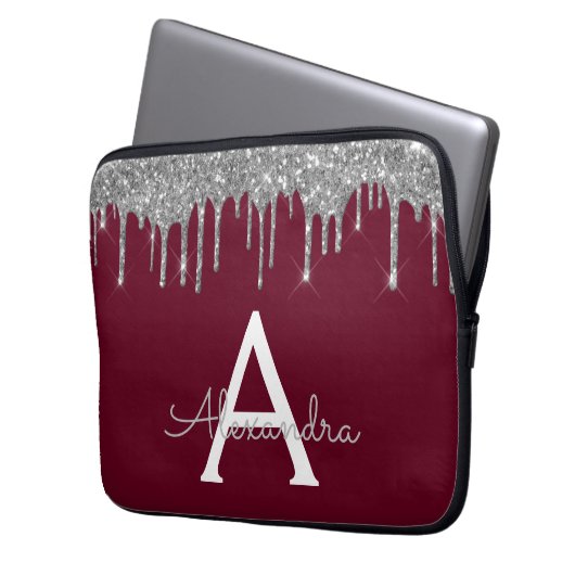 Elegantes Burgundy Silver Glitzer Sparkle Monogram Laptopschutzhülle (Vorderseite Links)