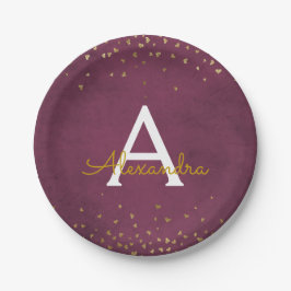Elegantes Burgundy und Gold Foil Confetti Monogram Pappteller