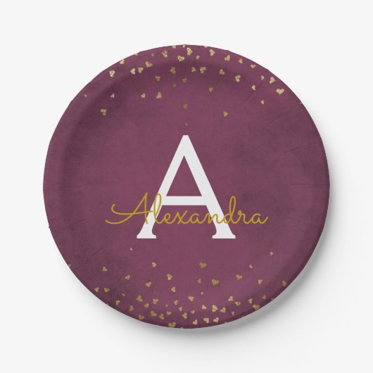 Elegantes Burgundy und Gold Foil Confetti Monogram Pappteller (Vorderseite)