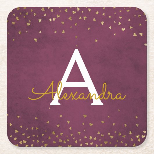 Elegantes Burgundy und Gold Foil Confetti Monogram Rechteckiger Pappuntersetzer (Vorderseite)