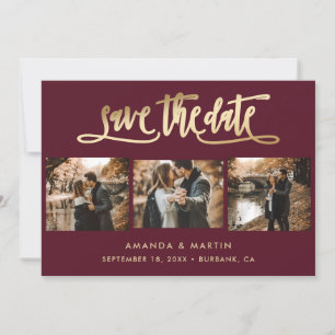 Elegantes Burgundy und Gold Wedding 3 Foto Save The Date