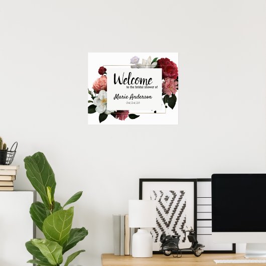 Elegantes Burgundy und rosa Blume Duschplakat Poster (Heimbüro)