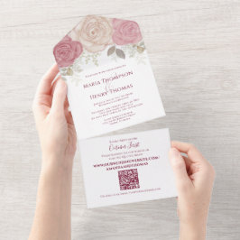 Elegantes Burgundy Watercolor Floral QR Code Foto All In One Einladung