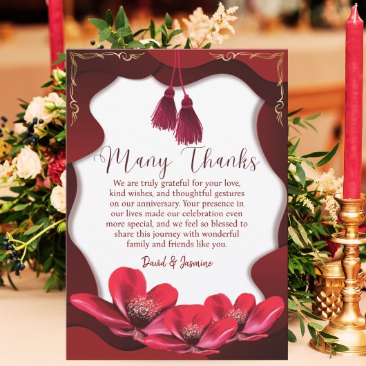 Elegantes Burgundy & White Boho Hochzeitstag Dankeskarte
