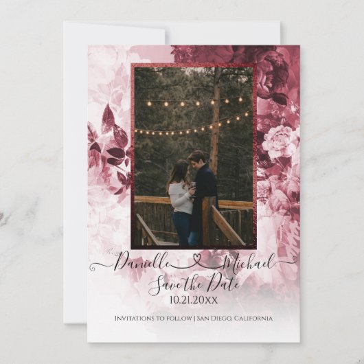 Elegantes Burgundy White Floral Script Heart Foto Save The Date (Vorderseite)