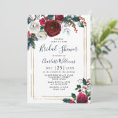 Elegantes Burgundy Winter Rose Blumenkohl Brautpar Einladung (Stehend Vorderseite)