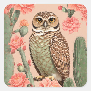 Elegantes Burrowing Owl und Kakteen Quadratischer Aufkleber