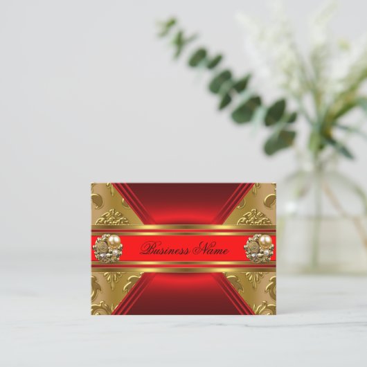 Elegantes Business Red Gold Damask Jewel 2 Visitenkarte (Stehend Vorderseite)