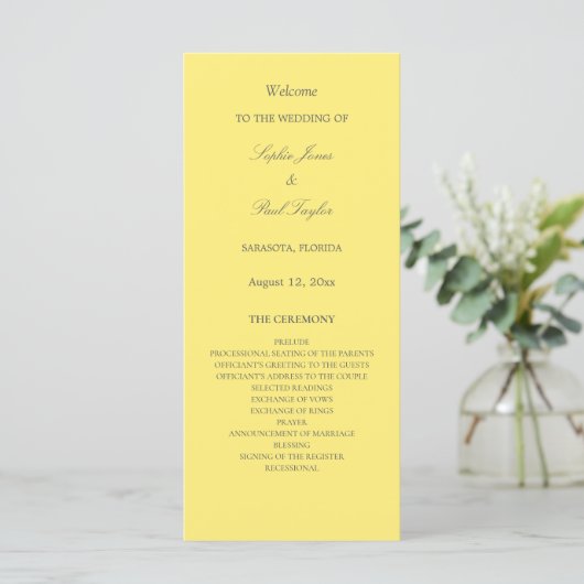 Elegantes Butter Yellow Wedding Programm (Stehend Vorderseite)