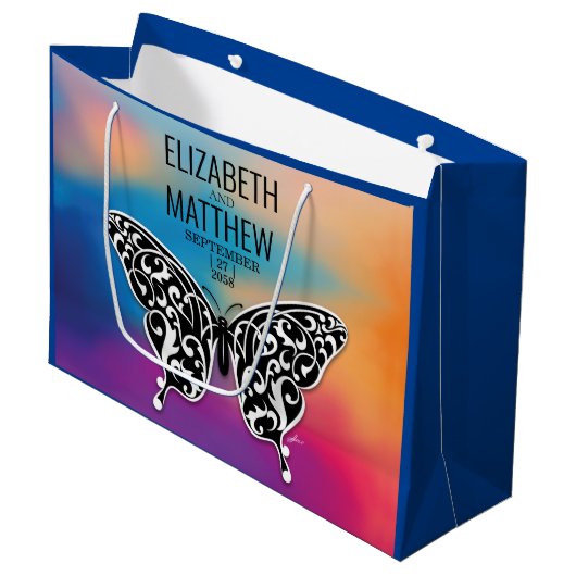 Elegantes Butterfly-Design und farbenfrohe Sonnenu Große Geschenktüte (Vorderseite Schrägansicht)