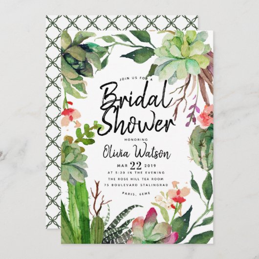 Elegantes Cactus Succulent Floral Brautparty Einladung (Vorne/Hinten)