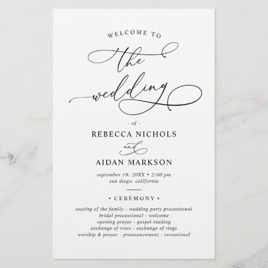 Elegantes Calligrafy Black & White Wedding Program (Vorderseite)