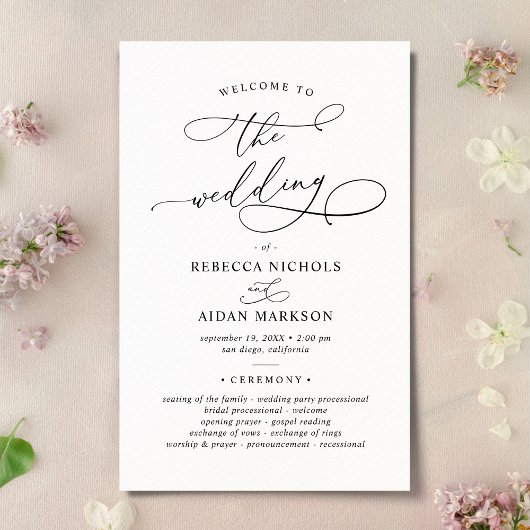 Elegantes Calligrafy Black & White Wedding Program