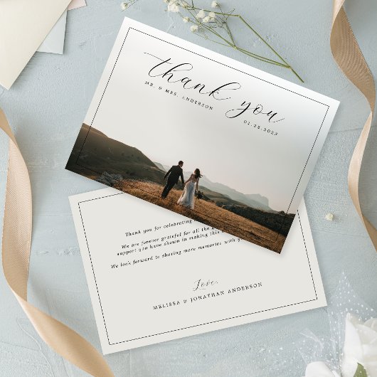 Elegantes Calligrafy Border Foto Soft Gray Wedding Dankeskarte