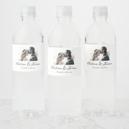 Elegantes Calligrafy Foto Sparkling Wine Wedding F Wasserflaschenetikett