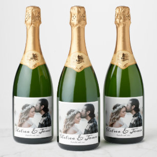 Elegantes Calligrafy Foto Sparkling Wine Wedding L Schaumweinetikett