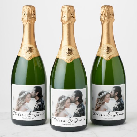 Elegantes Calligrafy Foto Sparkling Wine Wedding L Schaumweinetikett (Flaschen)