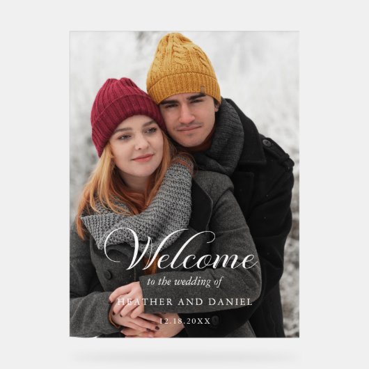 Elegantes Calligrafy Foto Wedding Willkommen Acrylschild (Vorderseite)