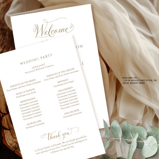 Elegantes Calligrafy Gold und White Wedding Progra