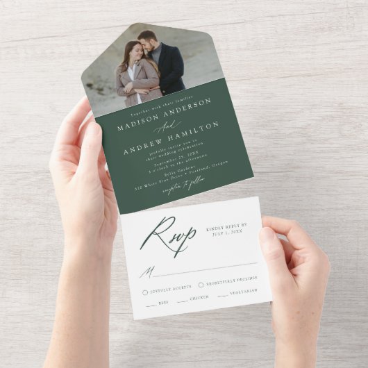 Elegantes Calligrafy Green Foto Hochzeit All In One Einladung (Abreißen)
