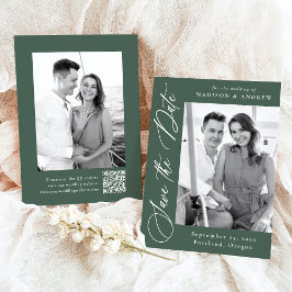 Elegantes Calligrafy Green Foto QR Code Hochzeit Save The Date