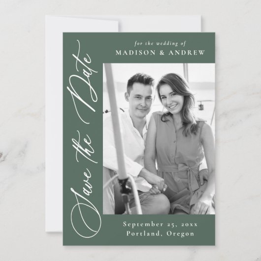 Elegantes Calligrafy Green Foto QR Code Hochzeit Save The Date (Vorderseite)