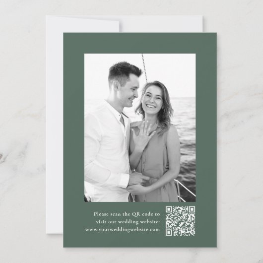 Elegantes Calligrafy Green Foto QR Code Hochzeit Save The Date (Rückseite)