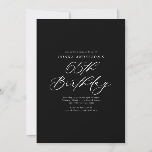 Elegantes Calligrafy Script 65. Geburtstagsparty Einladung (Vorderseite)