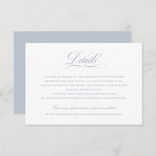 Elegantes Calligrafy Script Dusty Blue Details Einladung (Vorne/Hinten)