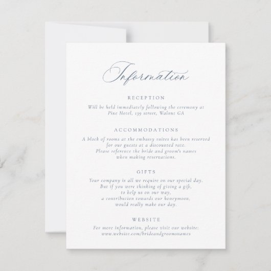 Elegantes Calligrafy Script Dusty Blue Wedding Inf Einladung (Vorderseite)