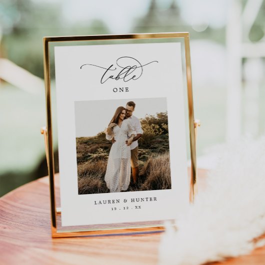 Elegantes Calligrafy Script-Foto Hochzeit Tischnummer